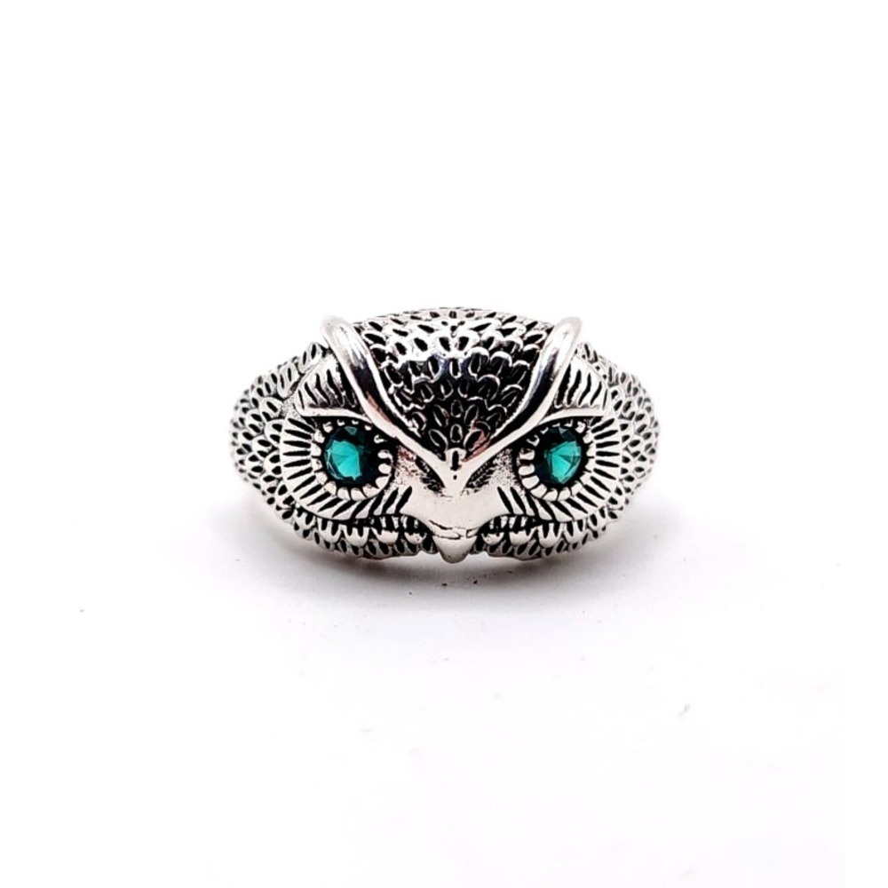 925 Sterling‎ Silver Owl Ring Green CZ Adjustable Band